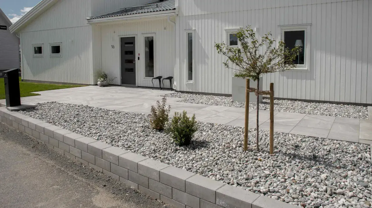 Inspiration rabatt med sten. Ett modernt hus med vit träfasad, grå stenläggning och en rabatt fylld med grå stenar och små buskar.