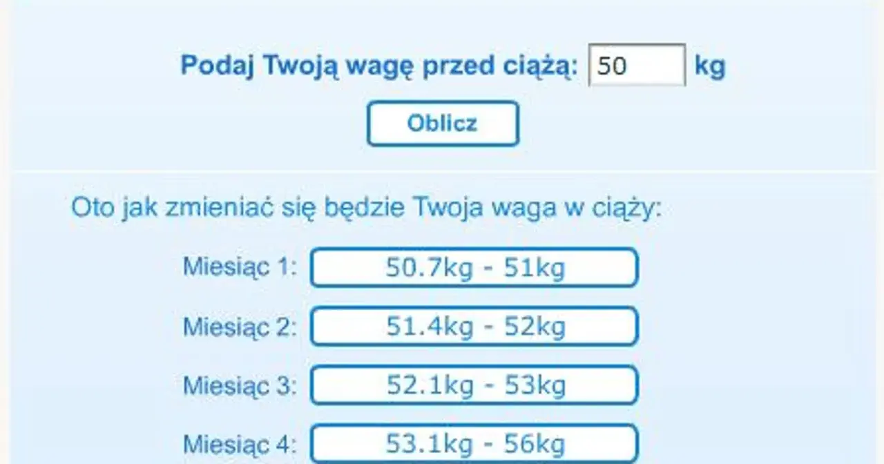 Kalkulator wagi w ciąży. Podaj swoją wagę przed ciążą (50 kg), a zobaczysz, ile tyje kobieta w ciąży w kolejnych miesiącach.
