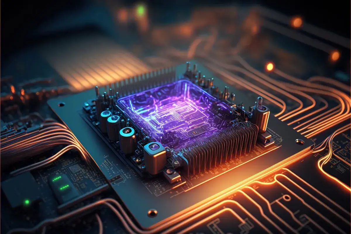 Elektroniczny rdzeń komputera, świecący na fioletowo, z miedzianymi ścieżkami. To serce, które zapewnia dobry procesor do gier.