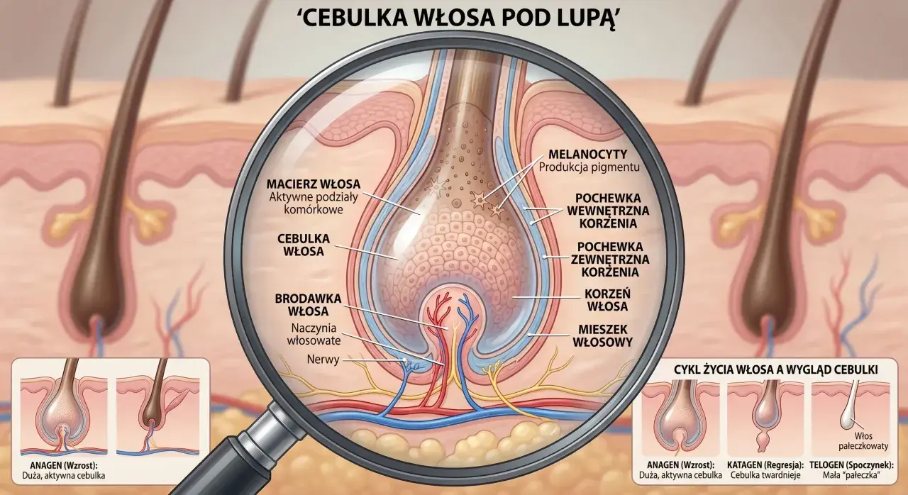 Szczegółowy przekrój przez cebulkę włosa pod lupą, ukazujący jej budowę i cykl życia. Widoczna macierz włosa, brodawka z naczyniami i nerwami, a także mieszki i pochewki.