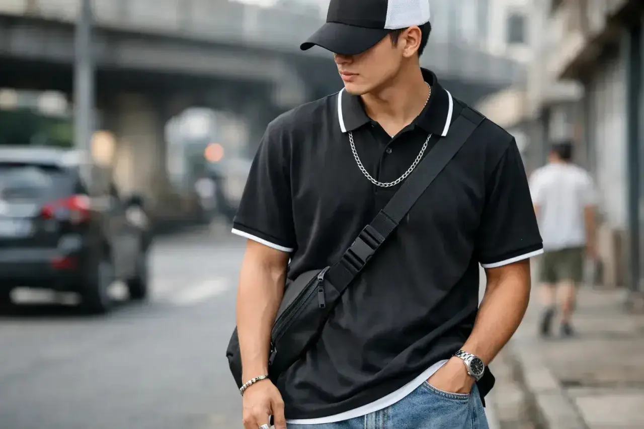 Junger Mann mit schwarzem Poloshirt, grauem Baseballcap und Umhängetasche.