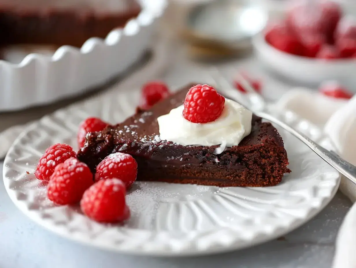 En bit kladdkaka med vispad grädde och hallon, perfekt för ett kladdkaka recept.