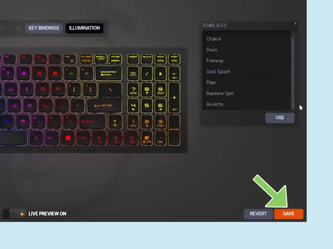 Clavier gamer aux touches lumineuses changeant de couleur. Le logiciel propose des thèmes d'illumination, comme "Rainbow Split", pour un clavier spirit of gamer.