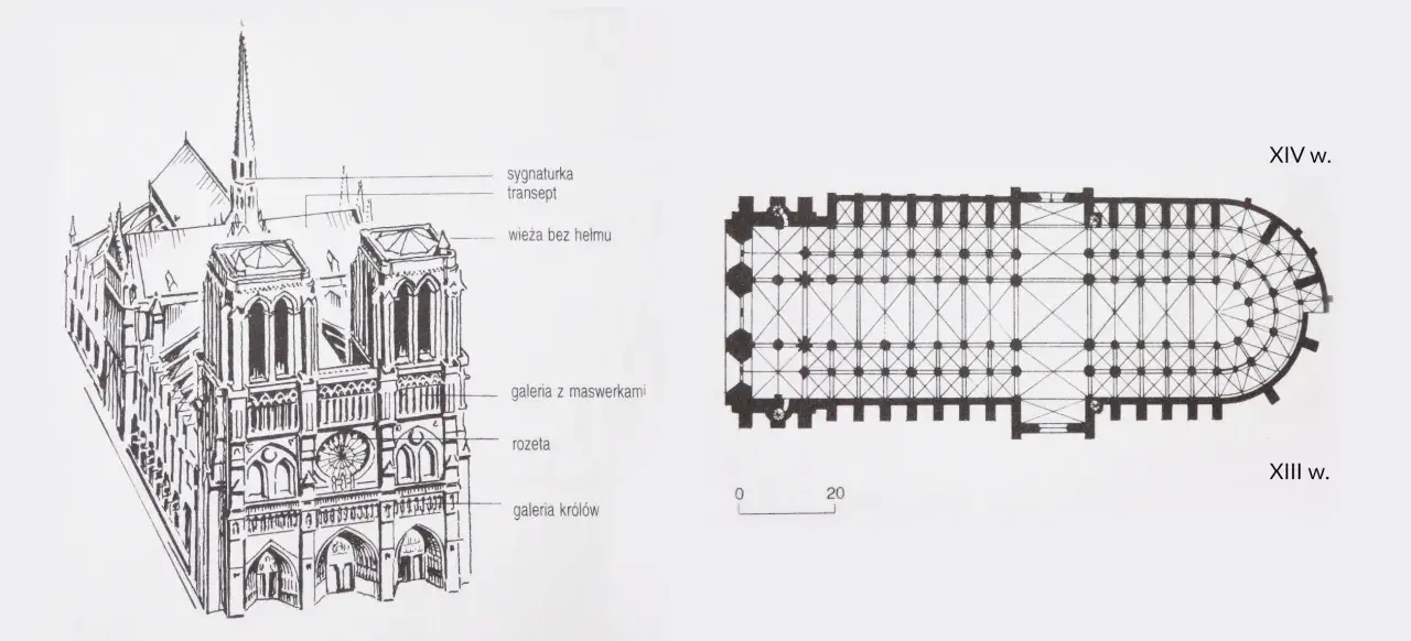 Rysunek Notre-Dame z widokiem fasady i planem kościoła.