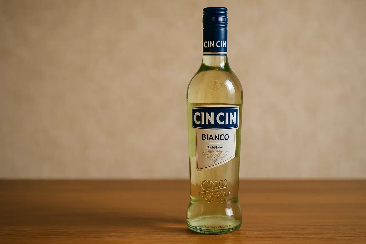 Butelka Cin Cin Bianco na drewnianym blacie. Idealna na toast "cin cin"!
