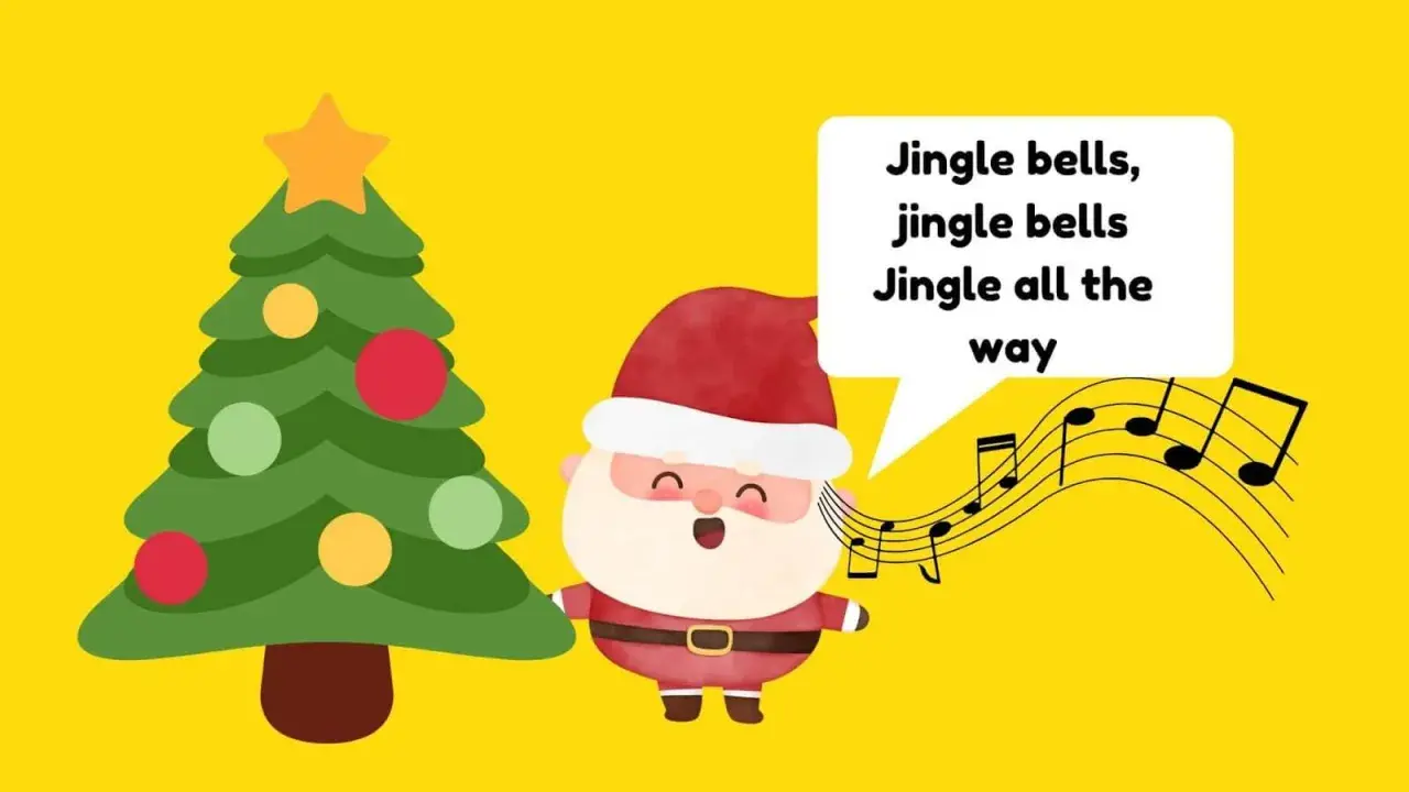 Święty Mikołaj śpiewa "Jingle Bells", jeden z popularnych piosenek świątecznych po angielsku. Obok choinka i nuty.