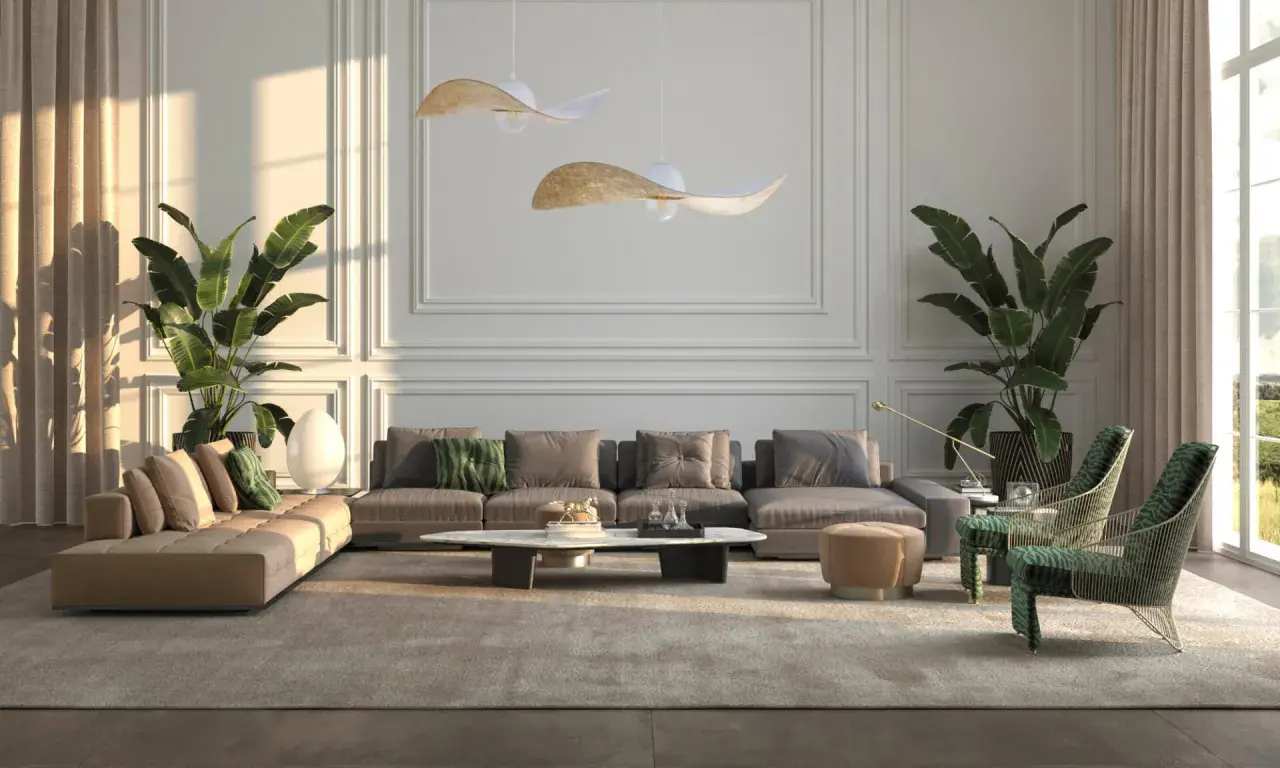 Eleganckie oświetlenie wysokiego salonu podkreśla nowoczesny design z sofami, roślinami i stylowymi lampami.