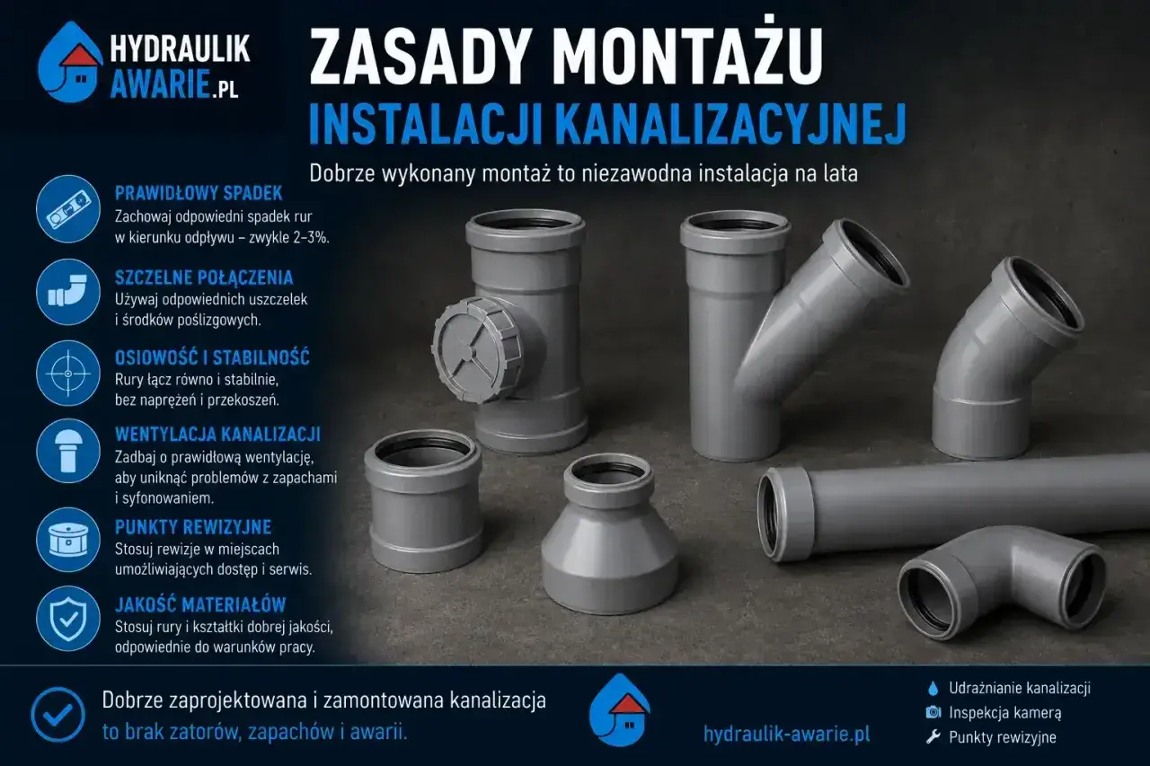 Elementy instalacji kanalizacyjnej, w tym rury i kształtki, gotowe do montażu. Kluczowe zasady montażu, jak spadek, szczelność i jakość materiałów, zapewniają bezawaryjne działanie systemu.