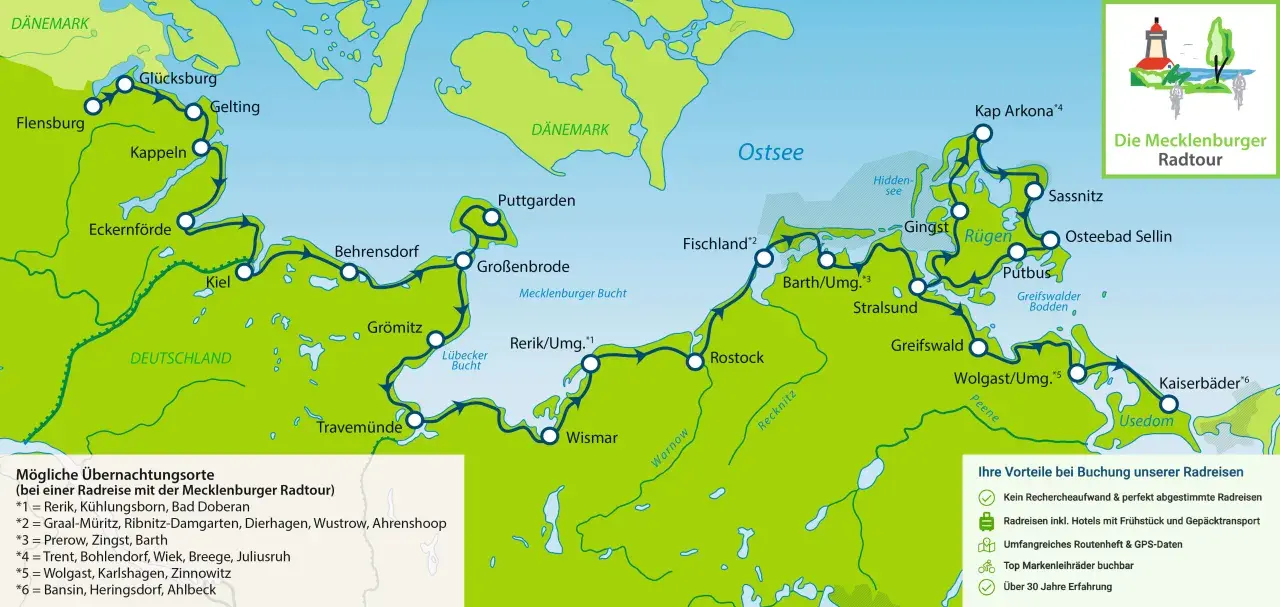 Karte der Mecklenburgischen Radtour von der Ostseeküste bis nach Rügen.