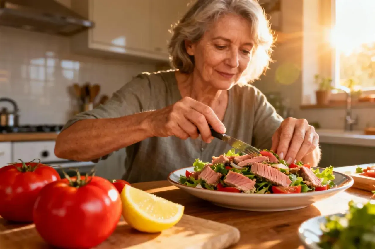 Une femme âgée savoure une salade de thon, un repas sain pour gérer le cholestérol.
