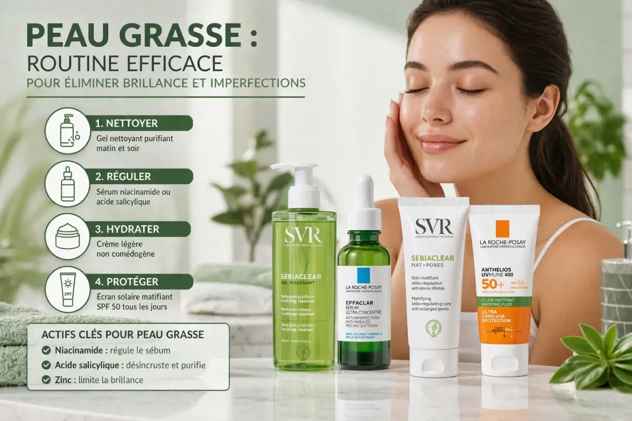 Routine pour peau très grasse : nettoyage, régulation avec sérum, hydratation légère et protection solaire matifiante.