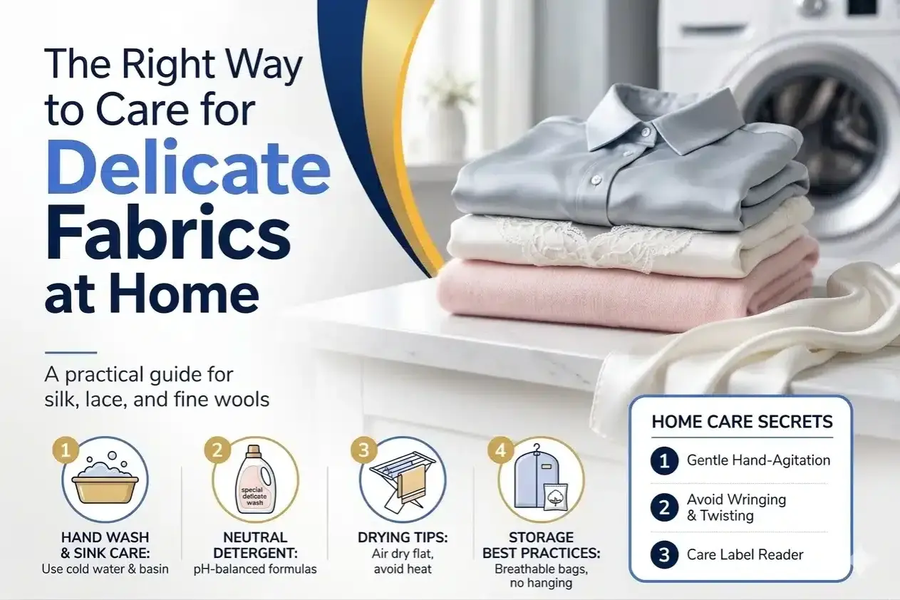 A stack of folded delicate fabrics, including a silk shirt, lace, and soft wool, are shown with tips on how to care for them at home.