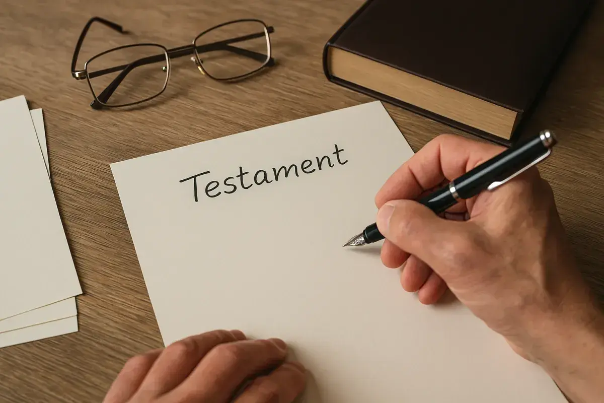 Ręka pisze piórem na dokumencie "Testament". Obok leżą okulary i księga. Ważne jest, jak długo jest ważny testament własnoręczny.