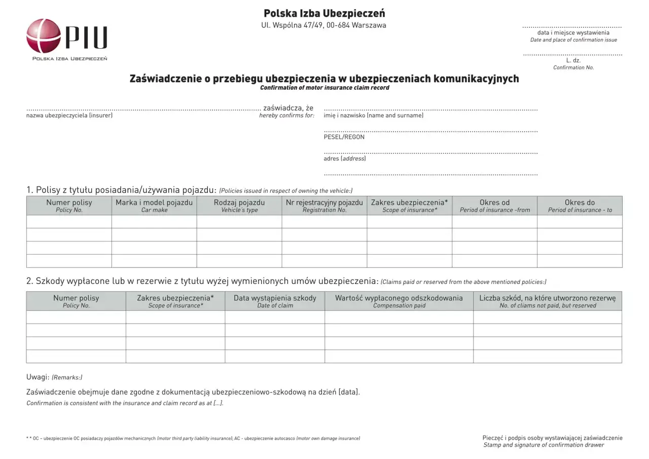Zaświadczenie o przebiegu ubezpieczenia komunikacyjnego. Dokument zawiera dane polis, szkód i rezerw, niezbędne do oświadczenia elektryka do ubezpieczenia.