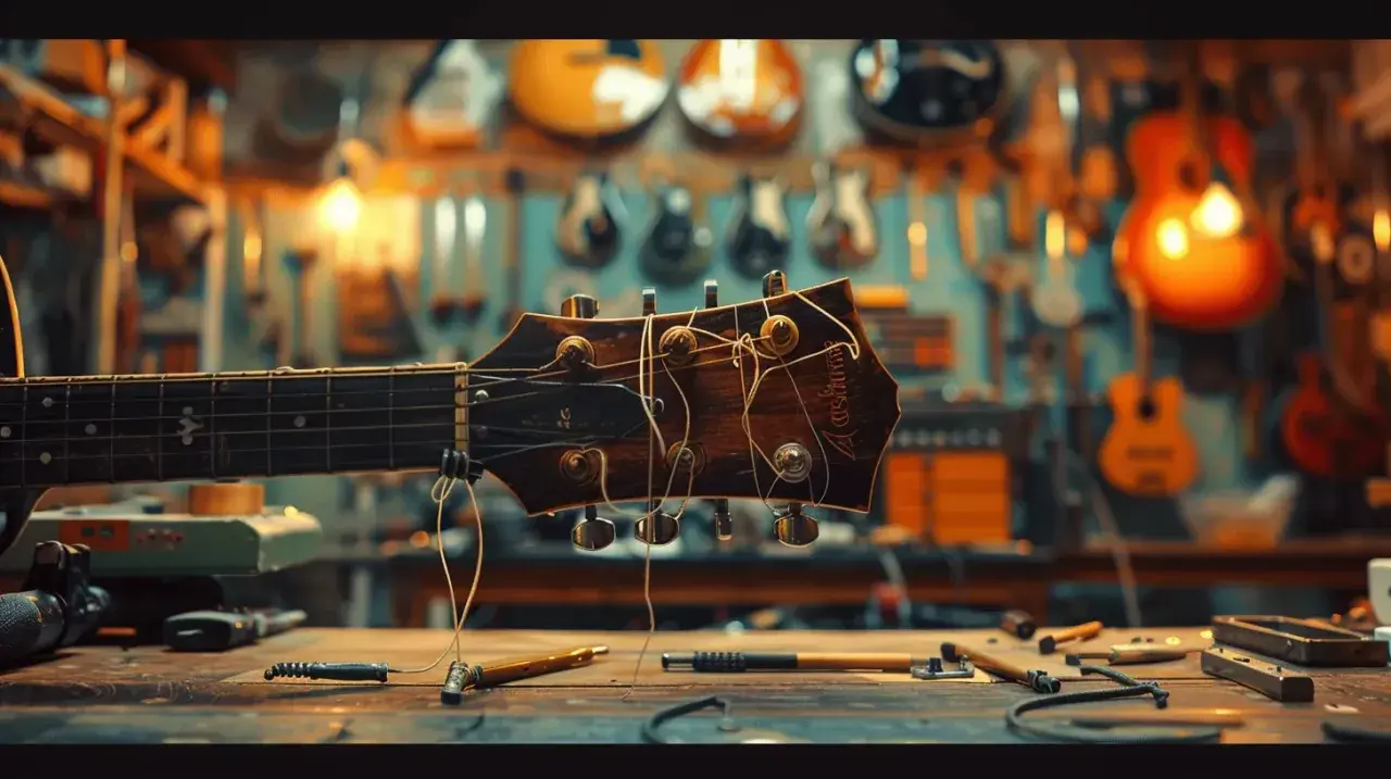Główka gitary elektrycznej z luźnymi strunami na tle warsztatu z gitarami.