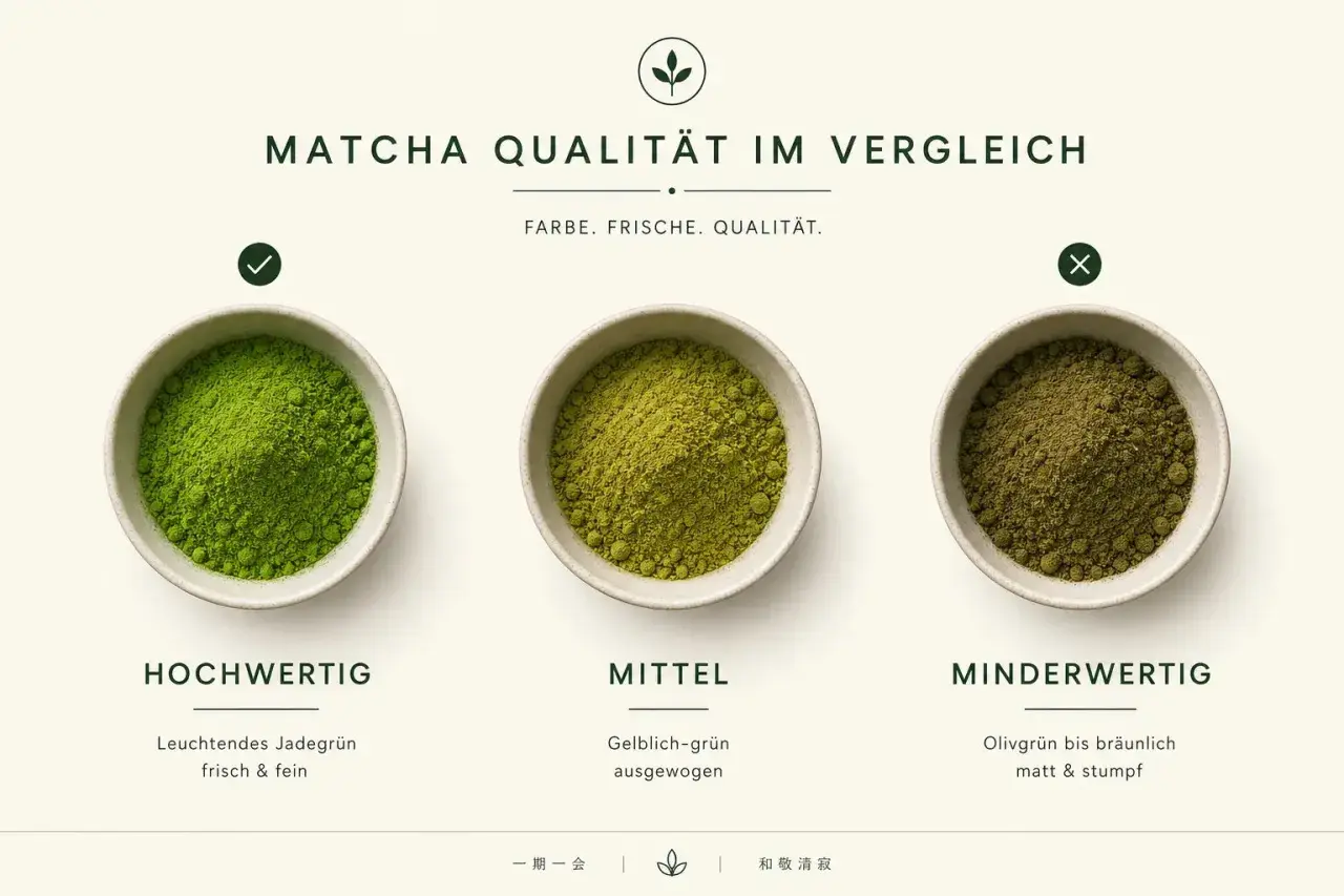 Vergleich von Matcha-Qualitäten: Hochwertiges, leuchtendes Jadegrün; mittleres, gelblich-grünes Pulver; minderwertiges, olivgrünes Pulver.