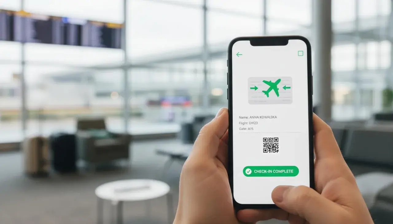 Ręka trzyma smartfon z potwierdzeniem odprawy online. Na ekranie widnieje imię i nazwisko, numer lotu, bramka oraz kod QR.