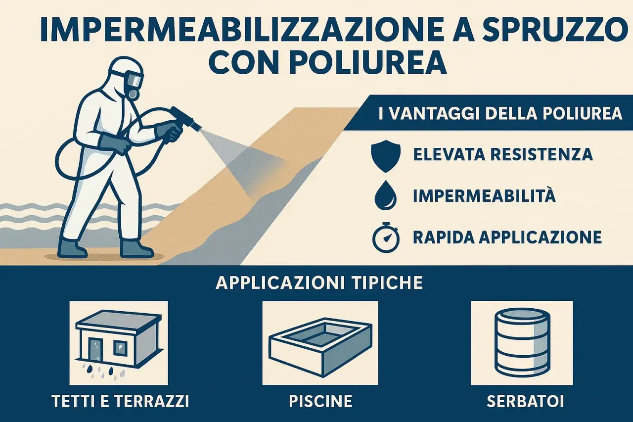 Un operatore in tuta protettiva esegue l'impermeabilizzazione tetti a spruzzo con poliurea, garantendo resistenza e rapidità.