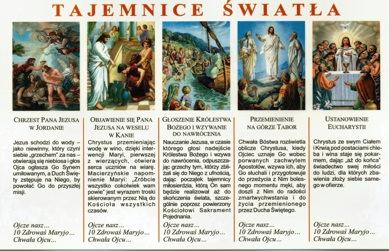 Ilustracje przedstawiają tajemnice różańca czwartek: Chrzest Jezusa, wesele w Kanie, głoszenie Królestwa Bożego, Przemienienie na Górze Tabor i Ustanowienie Eucharystii.