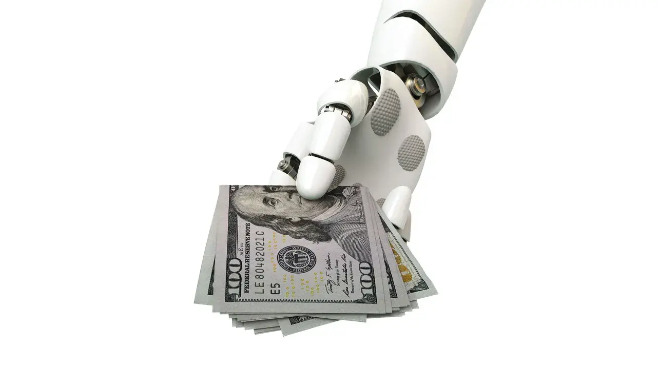 Roboterhand hält US-Dollar-Scheine. Mögliche Verbindung zur Quellensteuer in den USA.