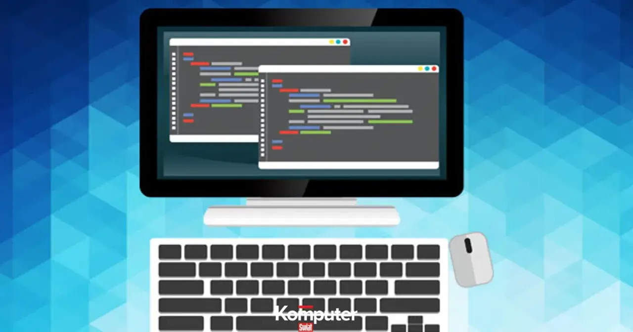 Monitor z kodem, klawiatura i myszka – to narzędzia do tworzenia w aplikacjach do programowania.