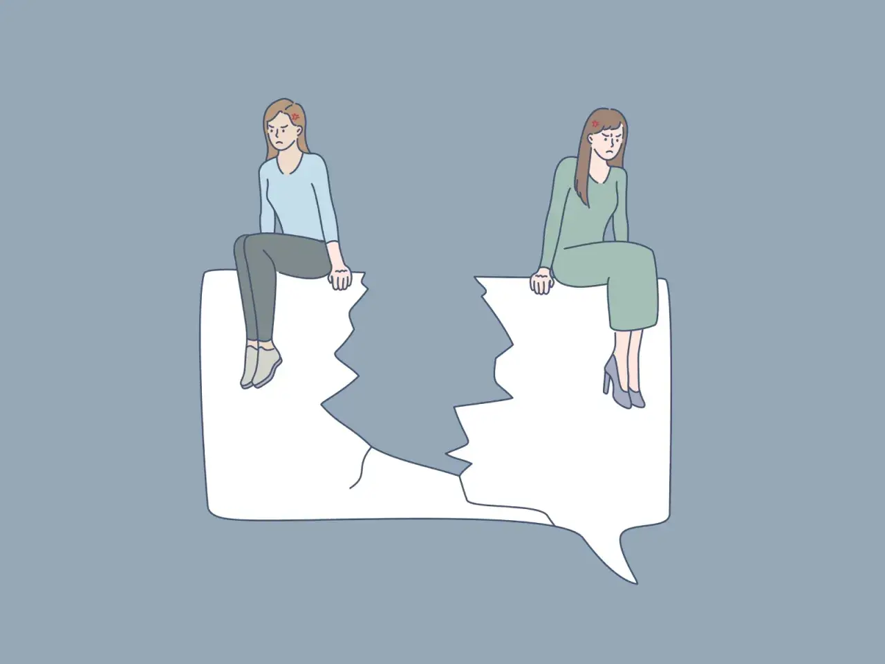 Due donne arrabbiate sedute su una nuvoletta spezzata, simbolo del ghosting in amicizia.
