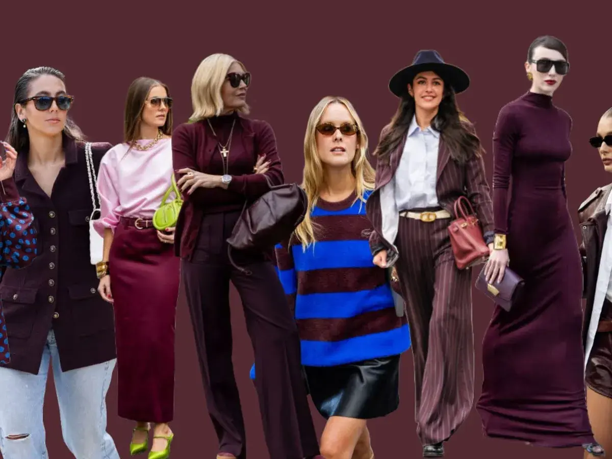 Modelos lucen atuendos elegantes en tonos color burdeos, desde trajes de raya diplomática hasta vestidos largos y faldas.