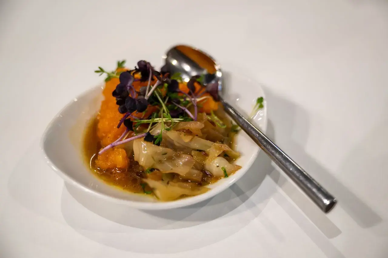 Ein köstliches Schmorkohl-Rezept: Gedünsteter Kohl mit karamellisierten Zwiebeln, serviert mit einem Klecks Kürbispüree und frischen Sprossen.