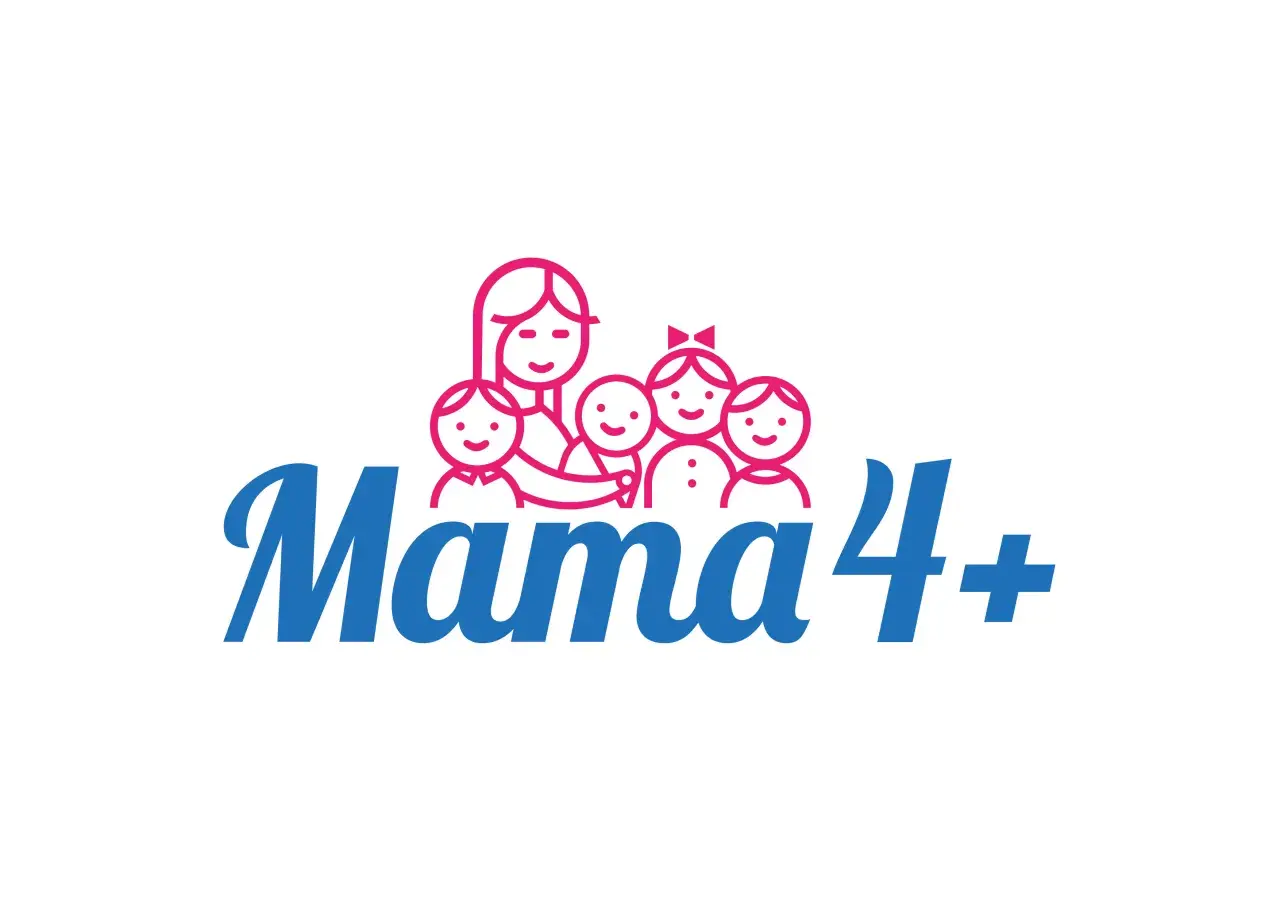 Logo "Mama 4+" z uśmiechniętą mamą i czwórką dzieci. Symbolizuje dodatkowe 200 zł do emerytury za dzieci.