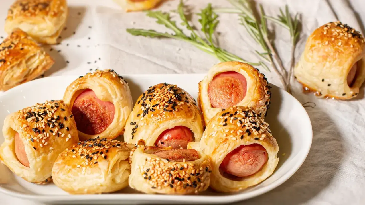 Délicieux feuilleté saucisse, dorés et parsemés de graines de sésame, sur une assiette blanche.