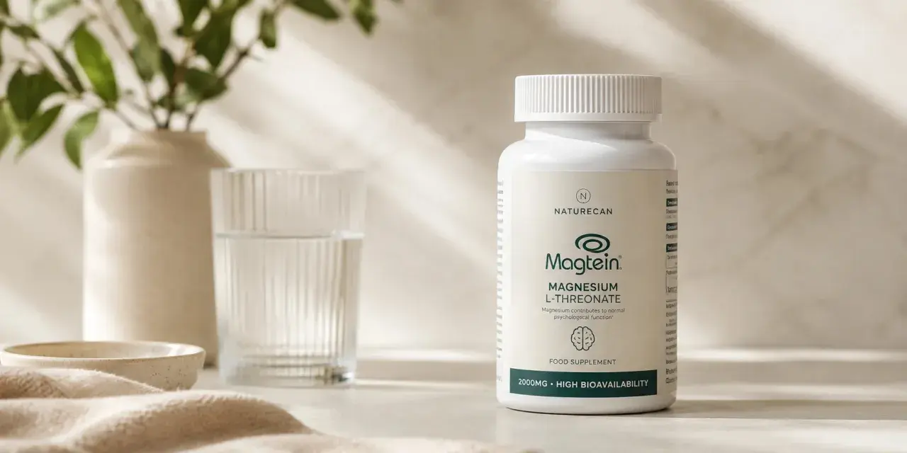 Flacone di Magtein, integratore alimentare di magnesio treonato, accanto a un bicchiere d'acqua e una pianta.