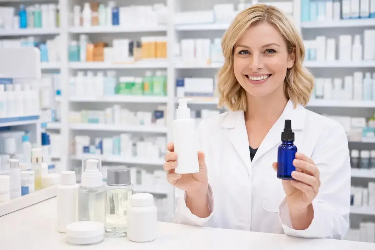 Farmaceutka prezentuje dermokosmetyki, wyjaśniając, co to jest i jak działają. W tle apteczne półki pełne produktów.
