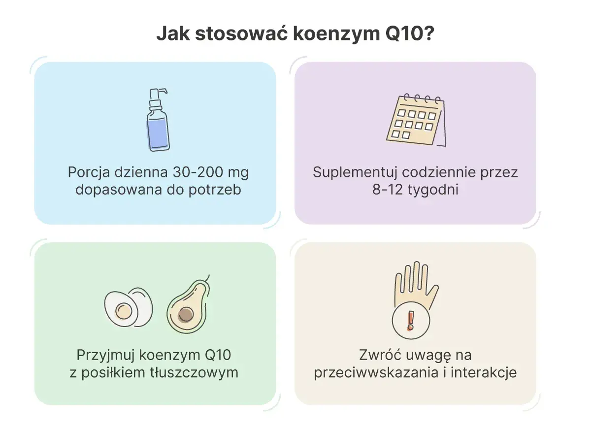 Jak stosować koenzym Q10? Porcja 30-200 mg dziennie, suplementacja 8-12 tyg. z tłuszczem. Uważaj na przeciwwskazania.