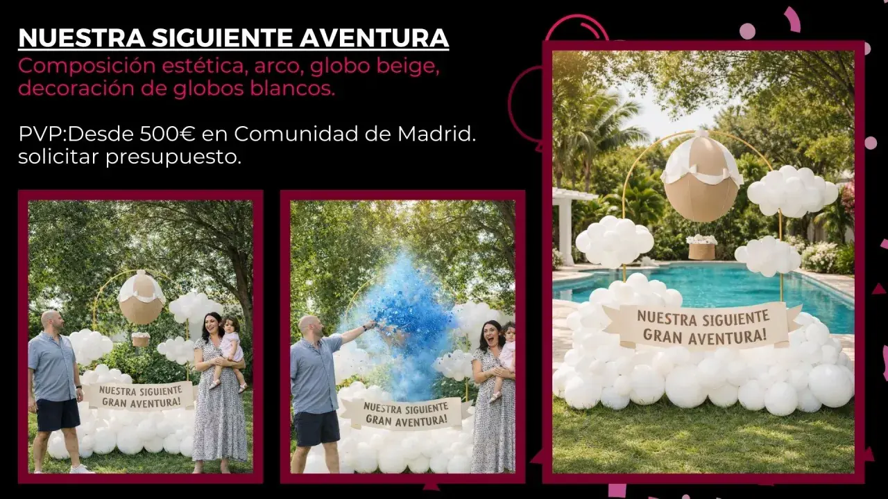 Una familia celebra el **reveal gender** con una explosión de polvo azul. Decoración de globos blancos y un globo aerostático beige crean un ambiente festivo.