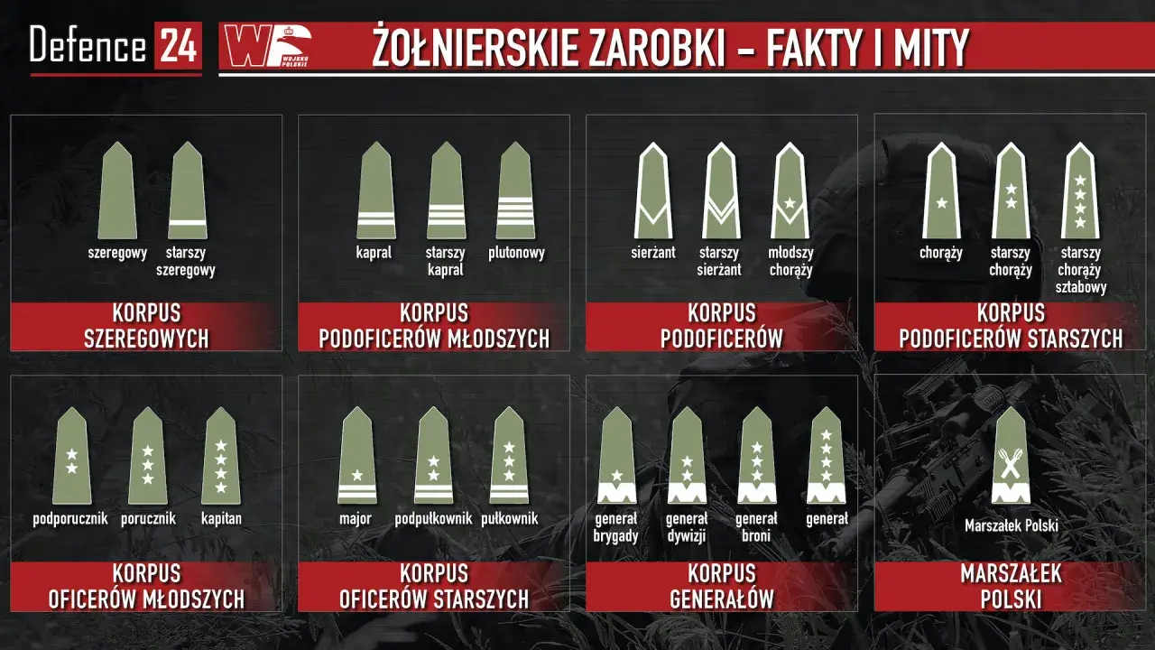 Grafika pokazuje stopnie wojskowe i korpusy, od szeregowego do Marszałka Polski. Dowiedz się, ile zarabia kapral w wojsku.