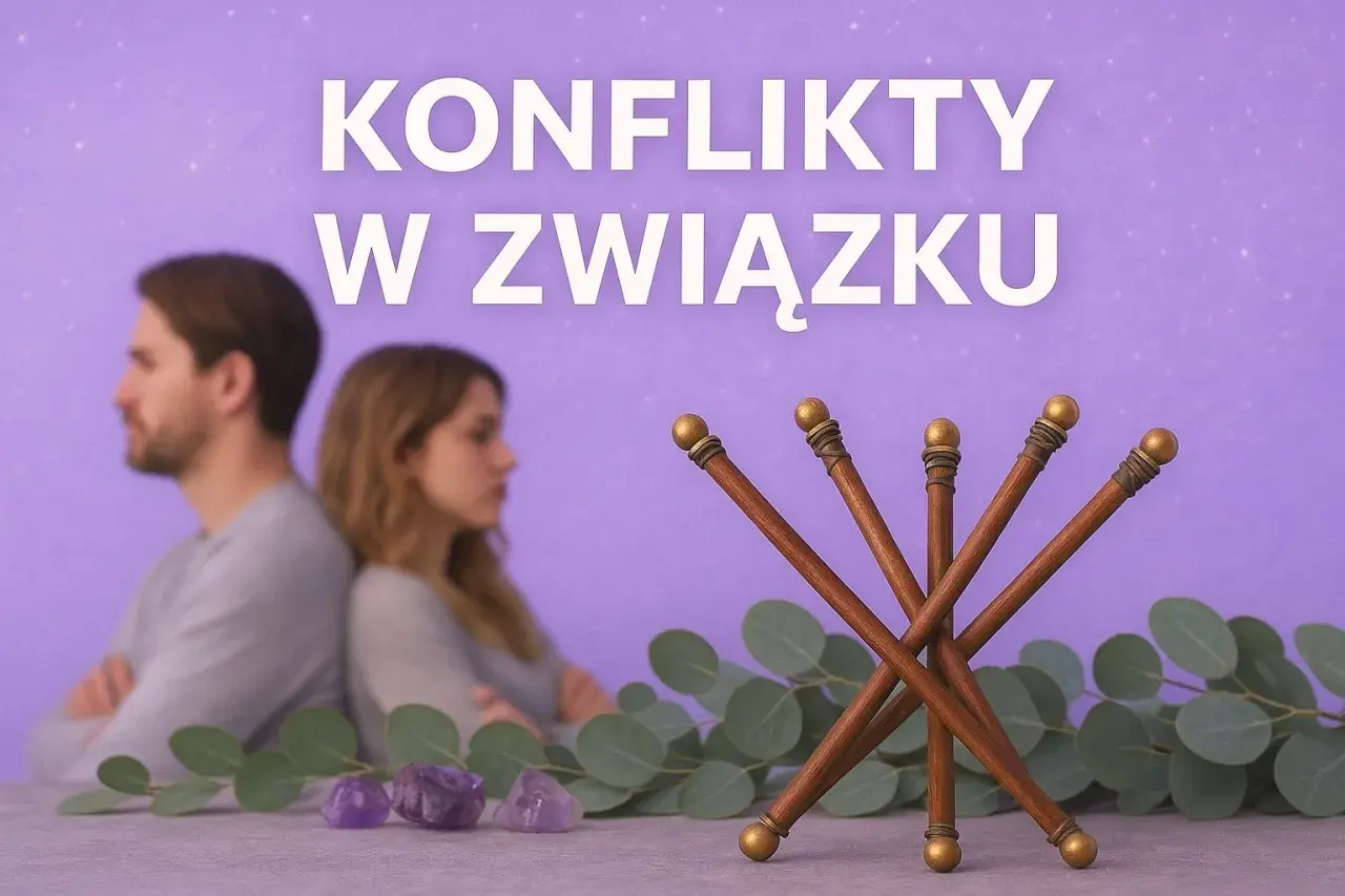 Para zwaśniona, a na pierwszym planie 5 buław tarot symbolizujących konflikty w związku.
