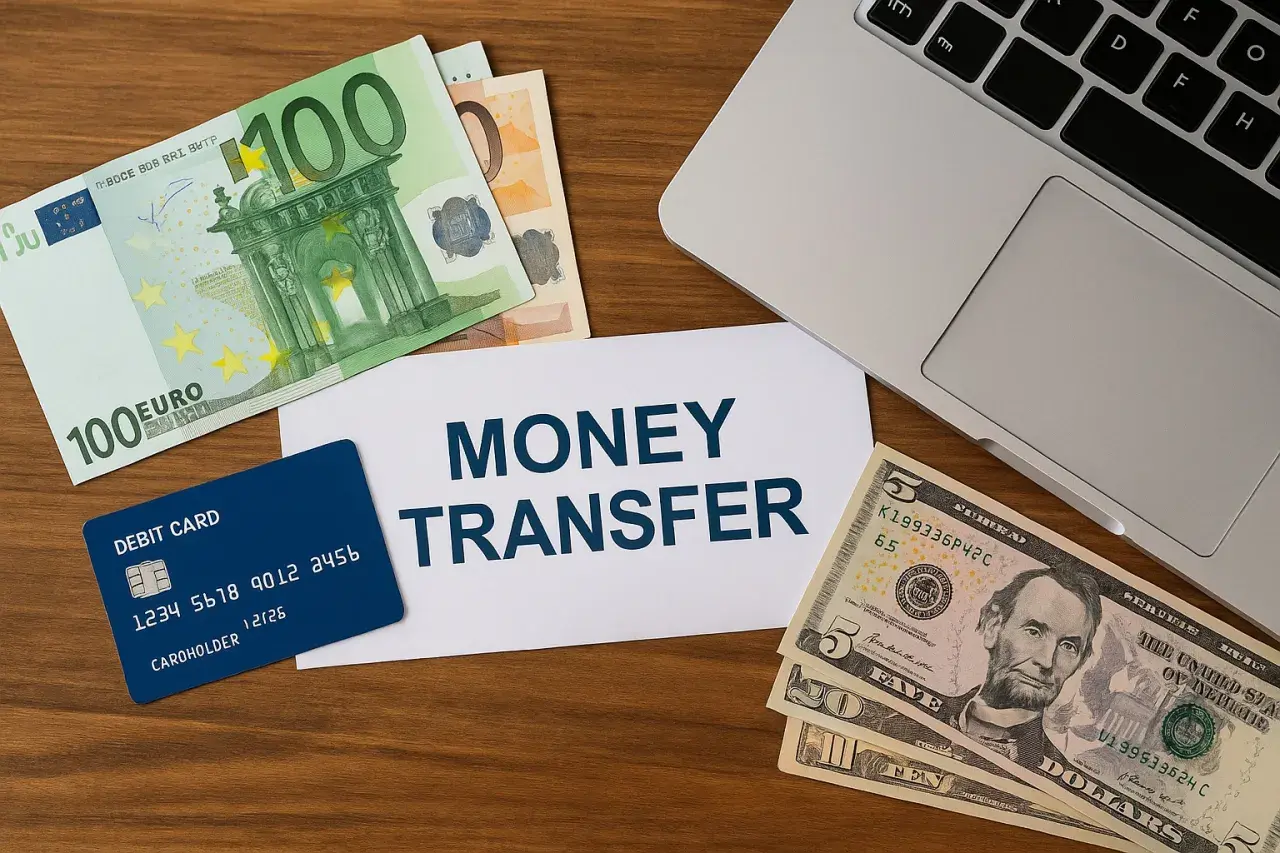 Karta debetowa, banknoty euro i dolary obok napisu "MONEY TRANSFER" i laptopa. Transakcja na 20 GBP?