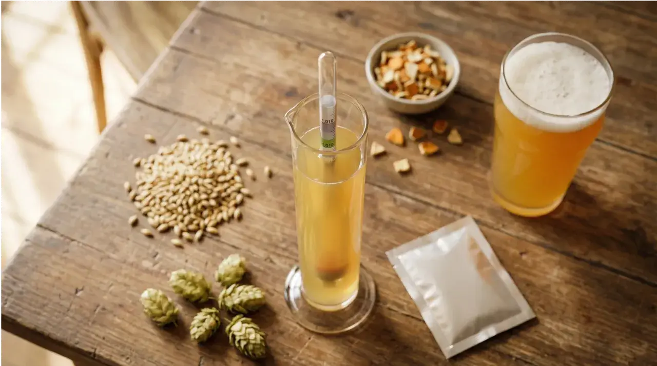 Kit de brassage artisanal : malt, houblon, levure, hydromètre pour un test iode bière parfait. Une bière dorée mousseuse à déguster.