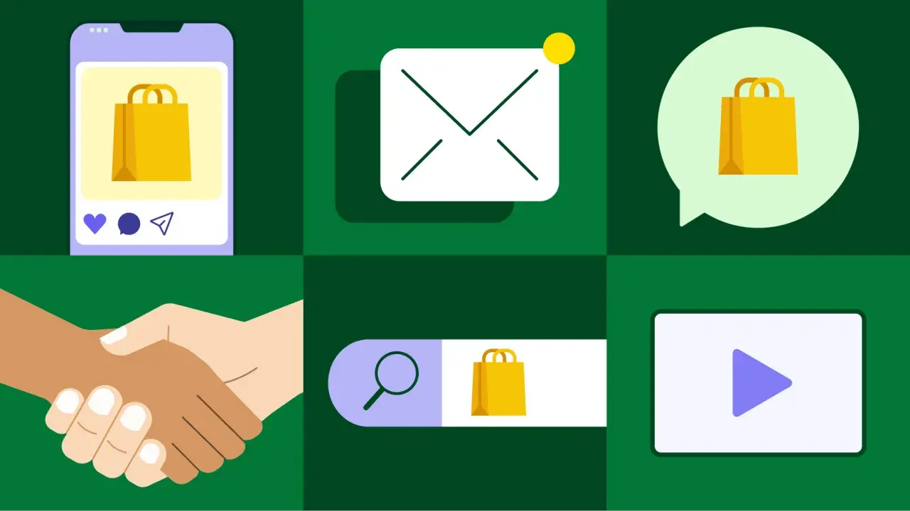 Icônes représentant le marketing cross canal : smartphone, email, bulle de dialogue, poignée de main, barre de recherche, vidéo.