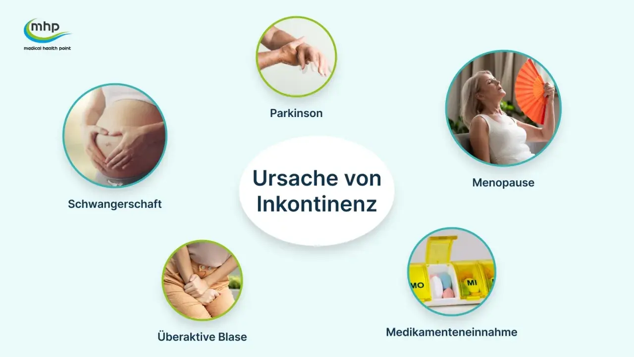 Ursachen von Inkontinenz: Schwangerschaft, Parkinson, Menopause, überaktive Blase, Medikamenteneinnahme.