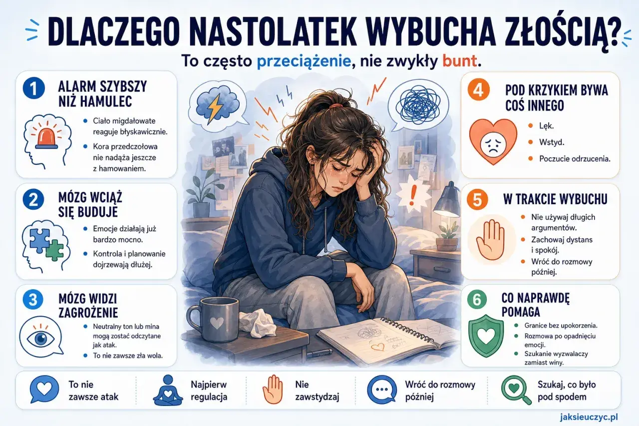 Ilustracja pokazuje nastolatka zmagającego się z emocjami. 10 latek nie radzi sobie z emocjami, co często jest przeciążeniem, a nie buntem.