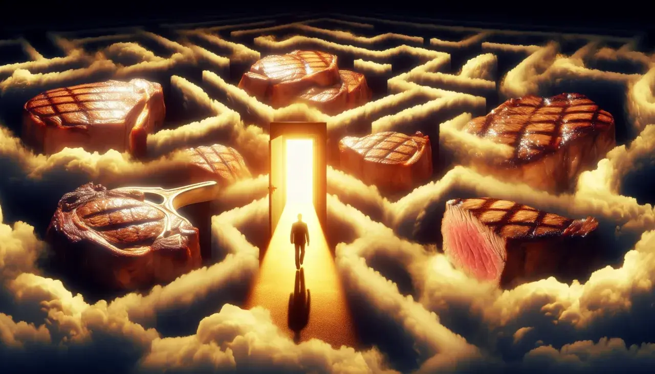 Un hombre camina hacia una puerta brillante en un laberinto de nubes y filetes. Es como soñar con carne cruda, una fantasía carnívora.