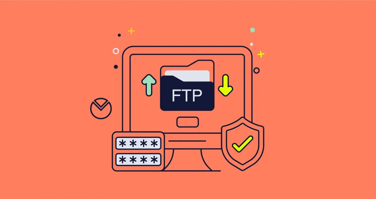 Icono de un ordenador mostrando una carpeta con "FTP", flechas de subida y bajada, un escudo de seguridad y campos de contraseña.