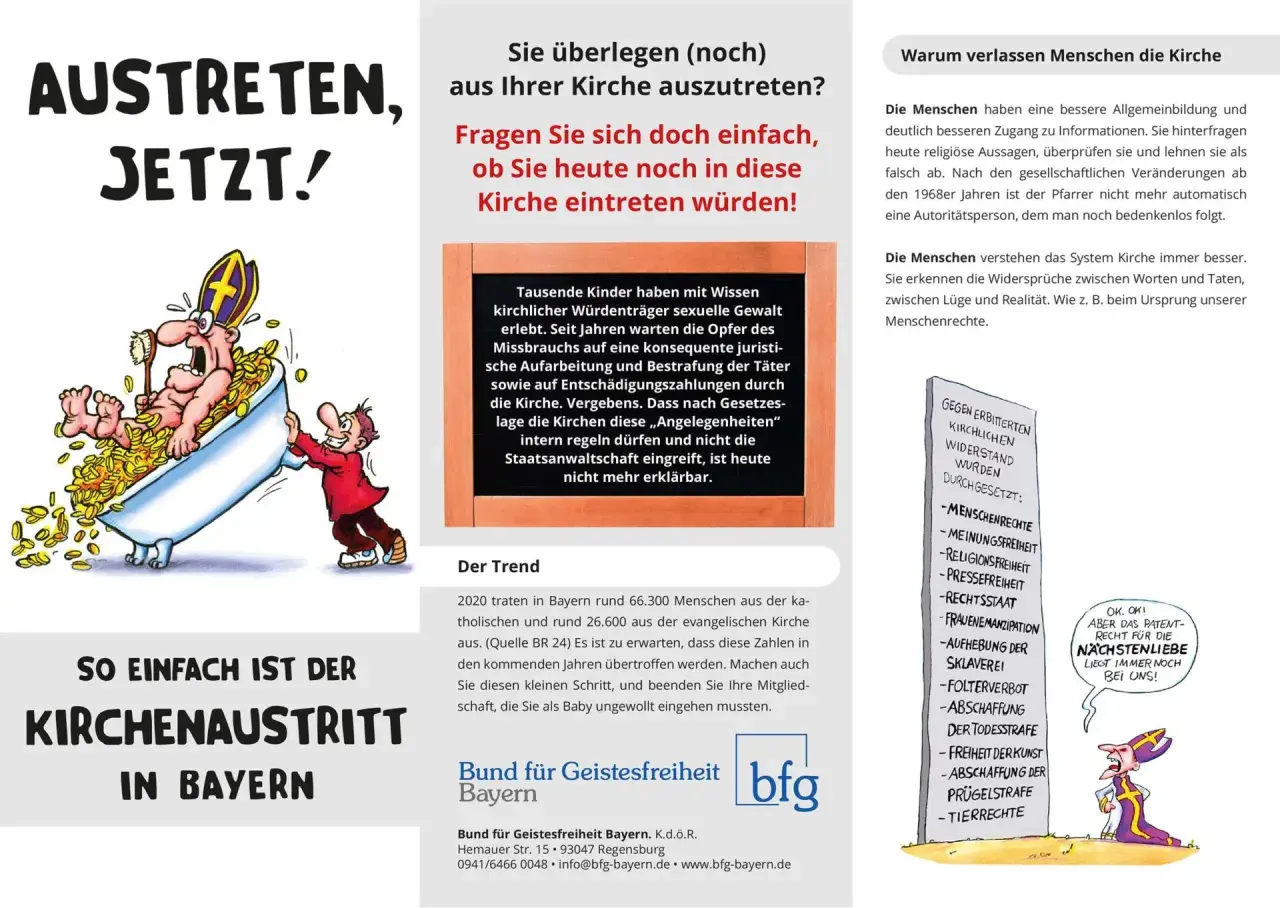 Karikatur zeigt einen Bischof in einer Badewanne voller Goldmünzen, der von einem Mann mit einem roten Mantel geschoben wird. Der Text thematisiert kirchenaustritte katholische kirche.