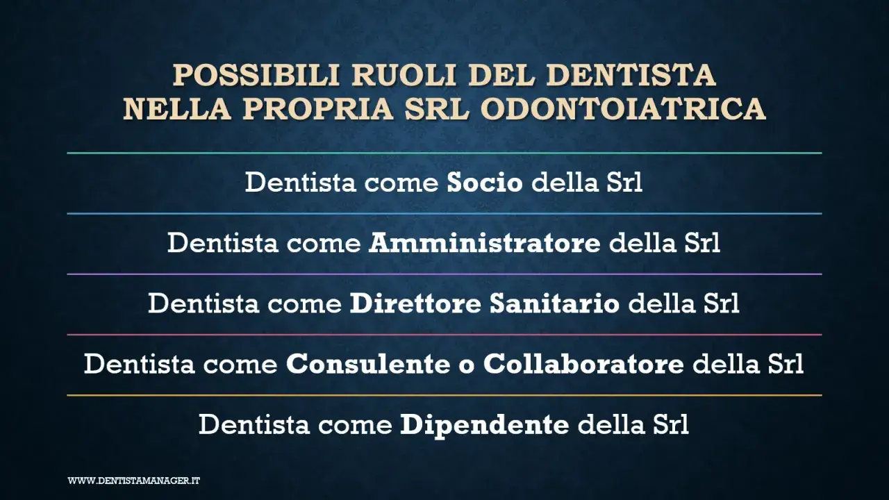 Ruoli del dentista in una SRL odontoiatrica: socio, amministratore, direttore sanitario (con relativo stipendio), consulente o dipendente.