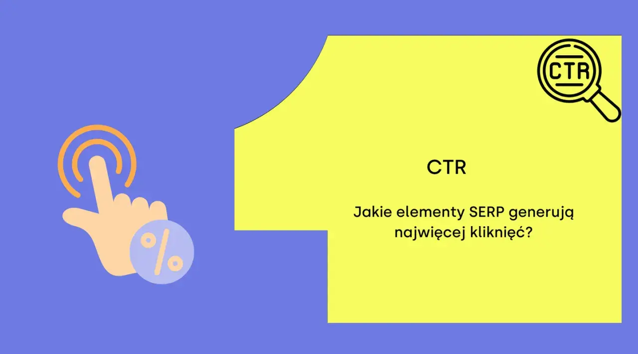 Grafika z ikoną kliknięcia i tekstem "CTR. Jakie elementy SERP generują najwięcej kliknięć?".