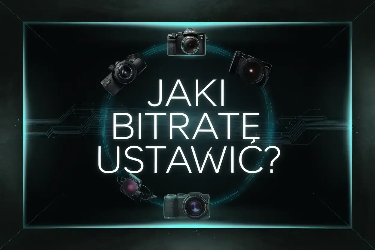 Jaki bitrate do 1080p? Pięć aparatów otacza neonowy napis, sugerując wybór ustawień dla idealnego obrazu.