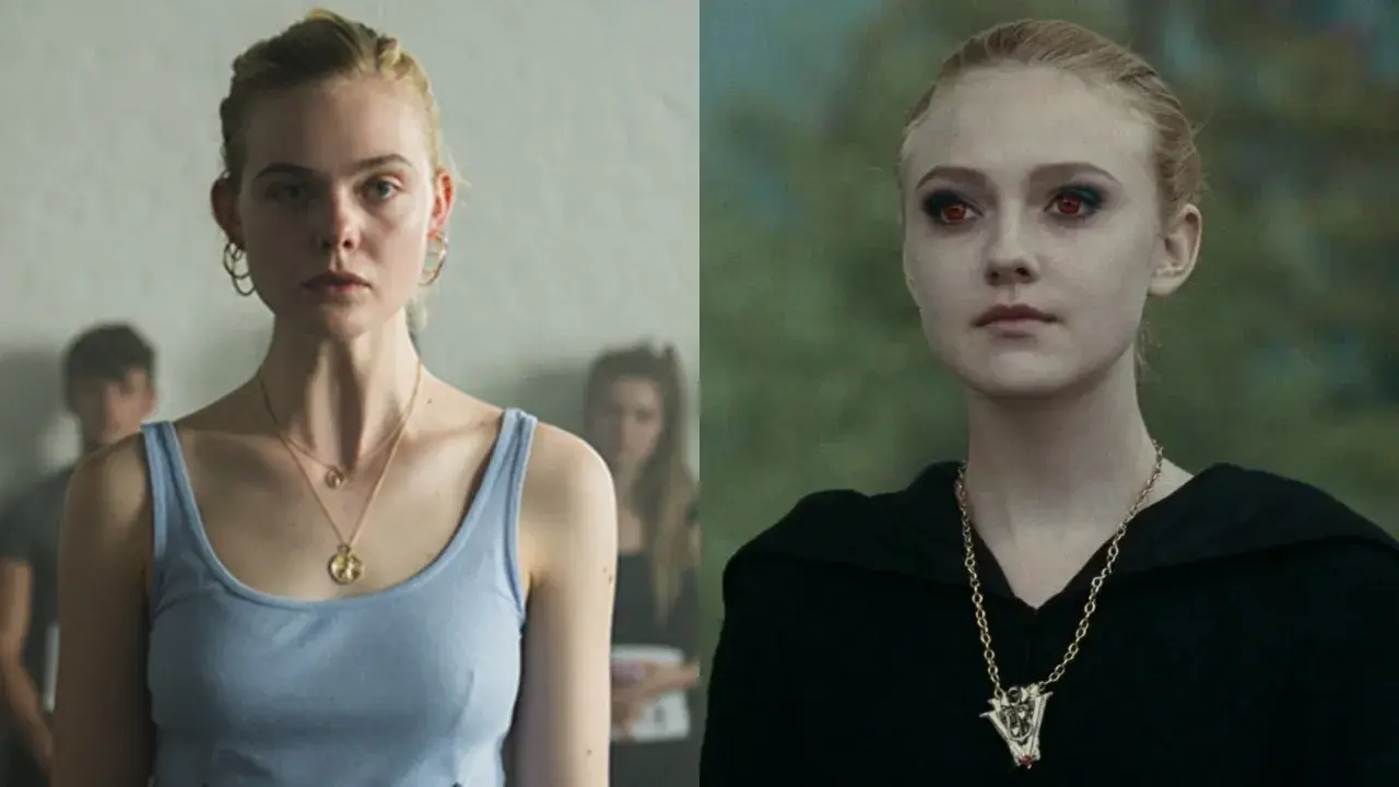 Dakota Fanning w filmach i serialach: po lewej w błękitnym topie, po prawej jako wampirzyca z czerwonymi oczami.