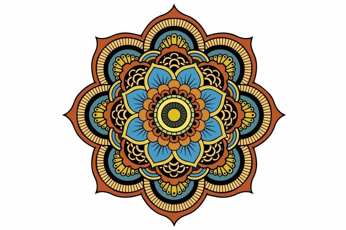 Kolorowa mandala z niebieskimi, pomarańczowymi i żółtymi płatkami, przypominająca kwiat lub słońce.