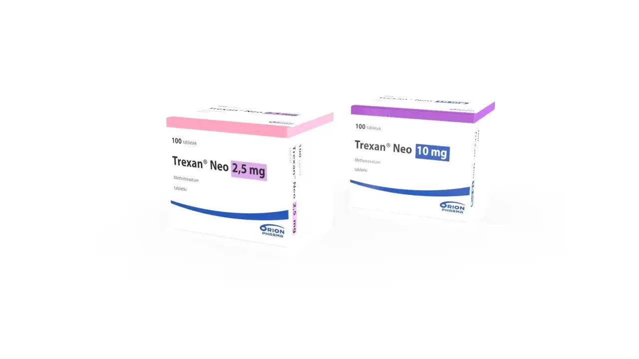 Dwa opakowania leku Trexan® Neo: jedno 2,5 mg (różowe), drugie 10 mg (fioletowe), oba po 100 tabletek.